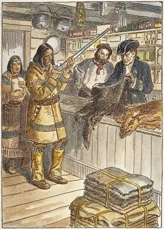 Drawing of two indigenous people in a shop, buying goods from two colonial men. The indigenous woman holds a bag and the indigenous man examines a gun. One of the colonial men inspects a fur pelt.