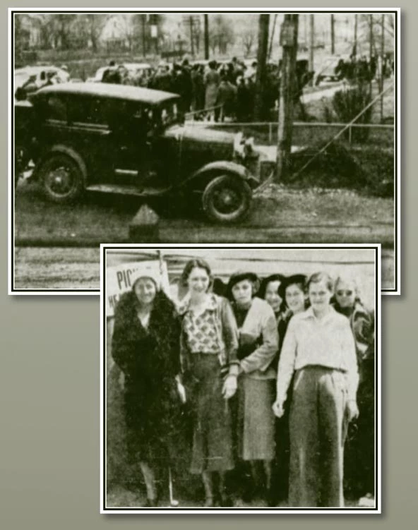 7 or more women standing outdoors, a sign is behind them, but we can't read the words. A second image shows 20 or 30 people walking down a sidewalk.