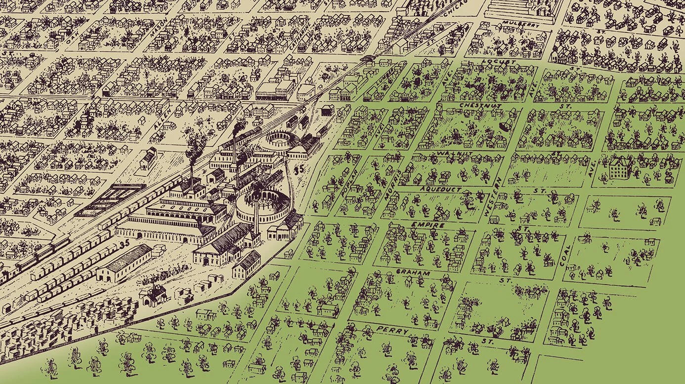 plat map with a section of West Bloomington shaded to indicate the area of the neighborhood.