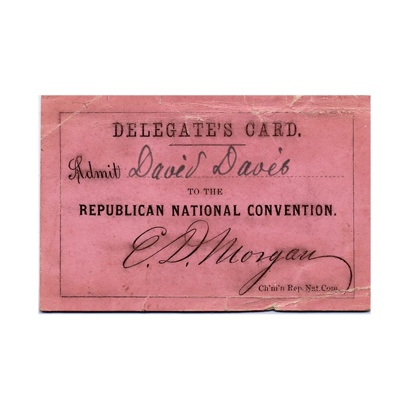 Photo of red delegate card admitting entrance to the convention.