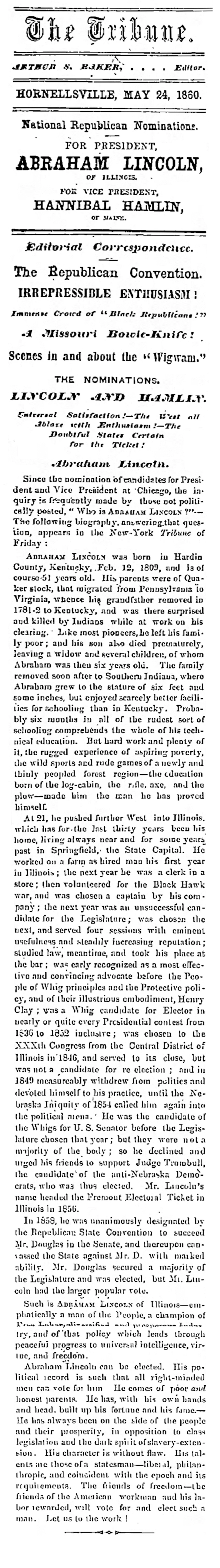 Newspaper clipping with header 'The Tribune' giving reasons Lincoln should be elected president.