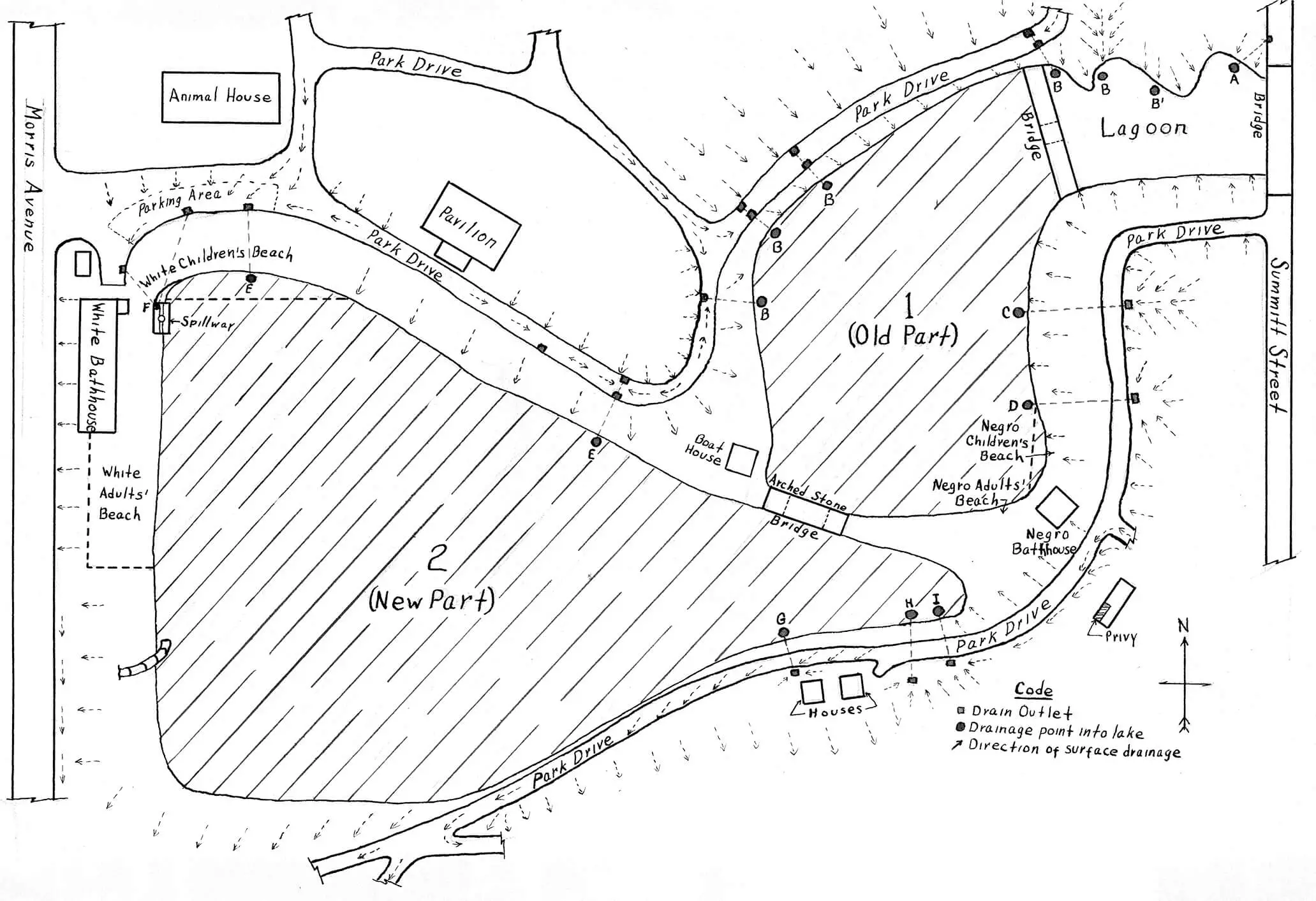 Simple hand drawn map showing areas designating segregated areas