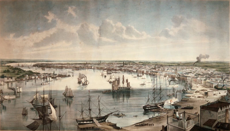 Color illustration of the Port of New Orleans, with a variety of sailing and steam-ships pictured in the bay.