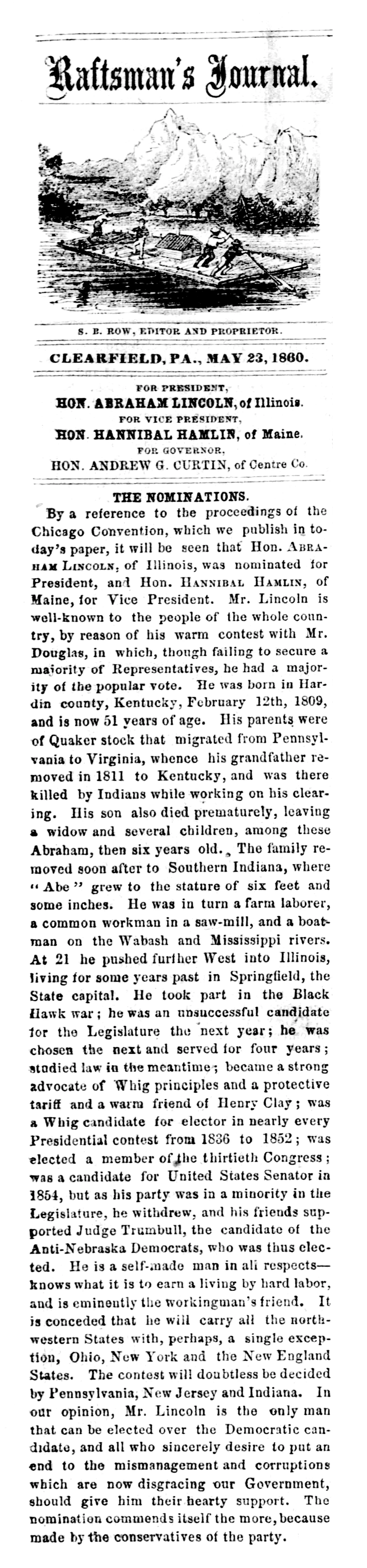 Newspaper article with drawing of men rowing a raft, with details on Lincoln as a candidate.