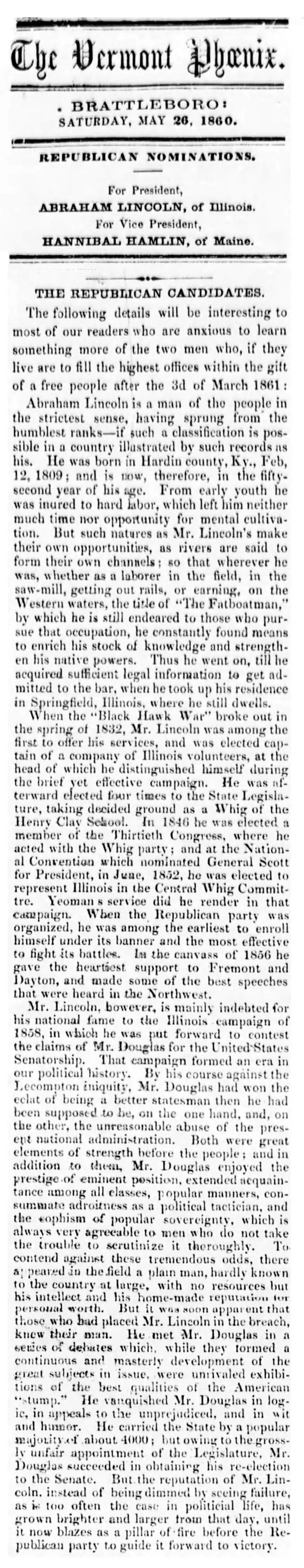 Newspaper clipping from the Vermont Phoenix about Lincoln's life and reputation.