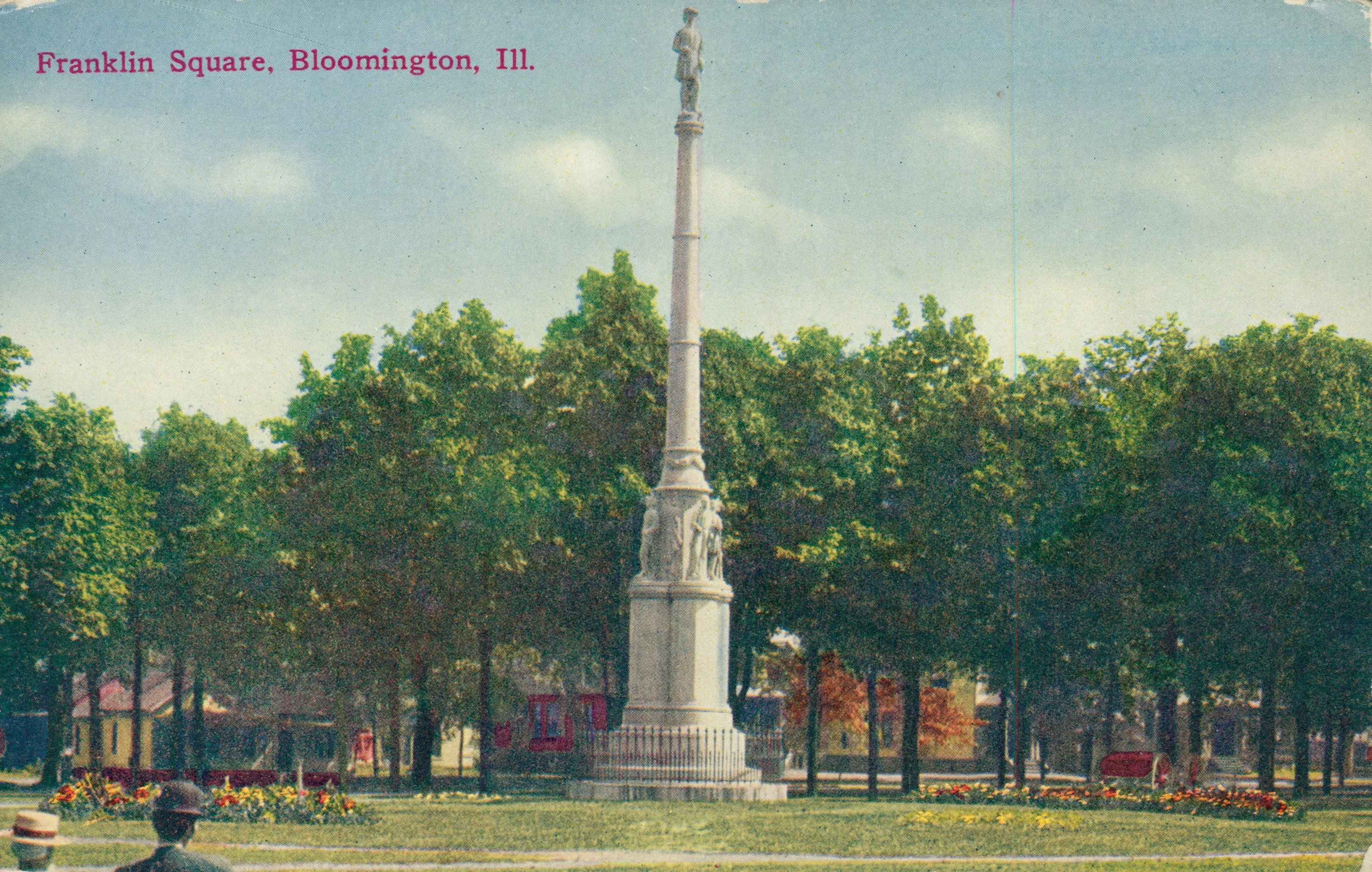 color illustration of a very tall and narrow memorial, towering over trees and flowers in the park.