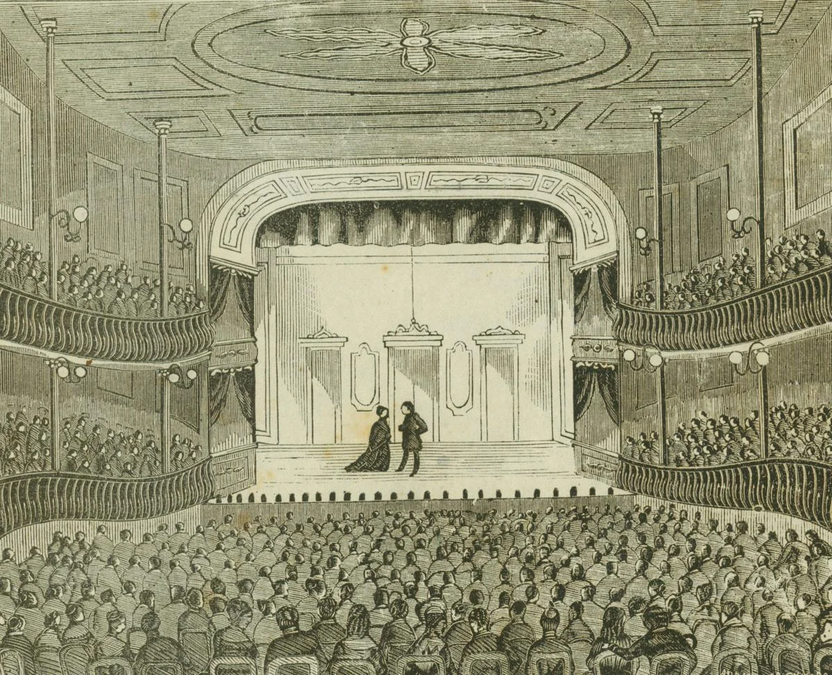 This woodcut, appearing in an April 1869 advertisement, represents the only known interior image of Frederick Niergarth’s Academy of Music.