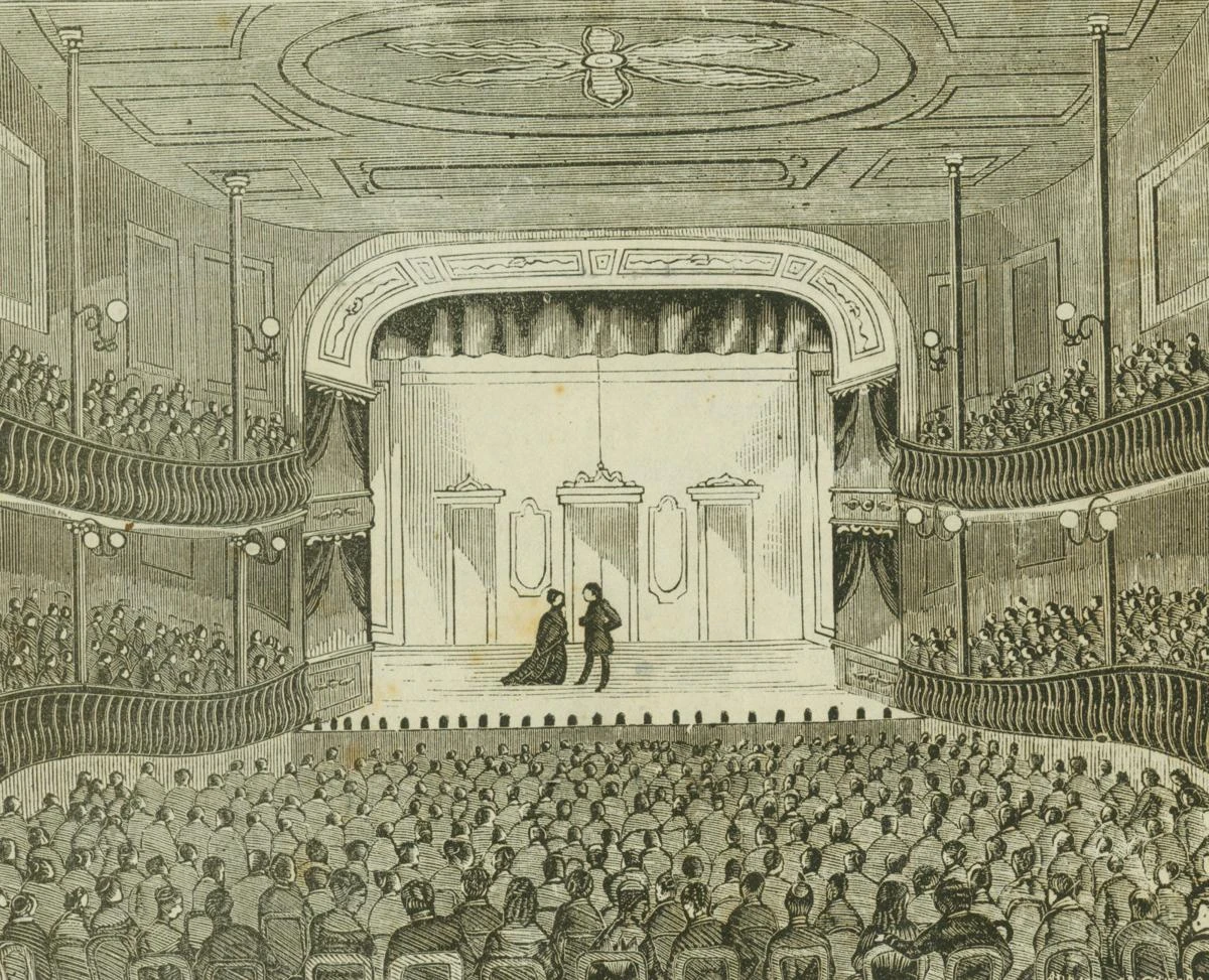 This woodcut, appearing in an April 1869 advertisement, represents the only known interior image of Frederick Niergarth’s Academy of Music.