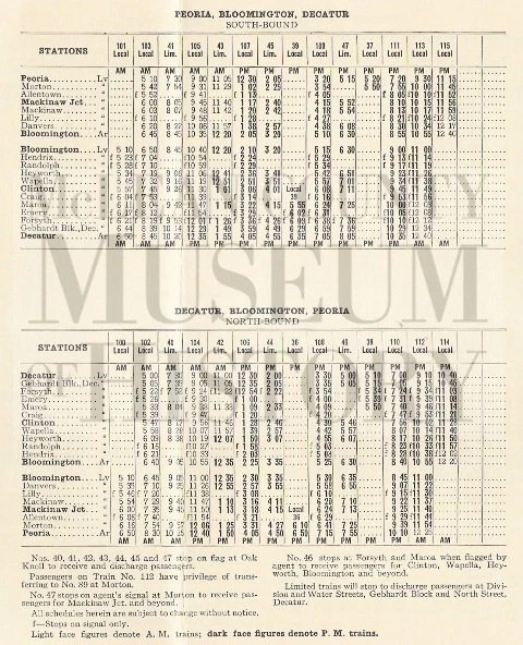 The Peoria, Bloomington, Decatur South-bound and North-bound schedule.
