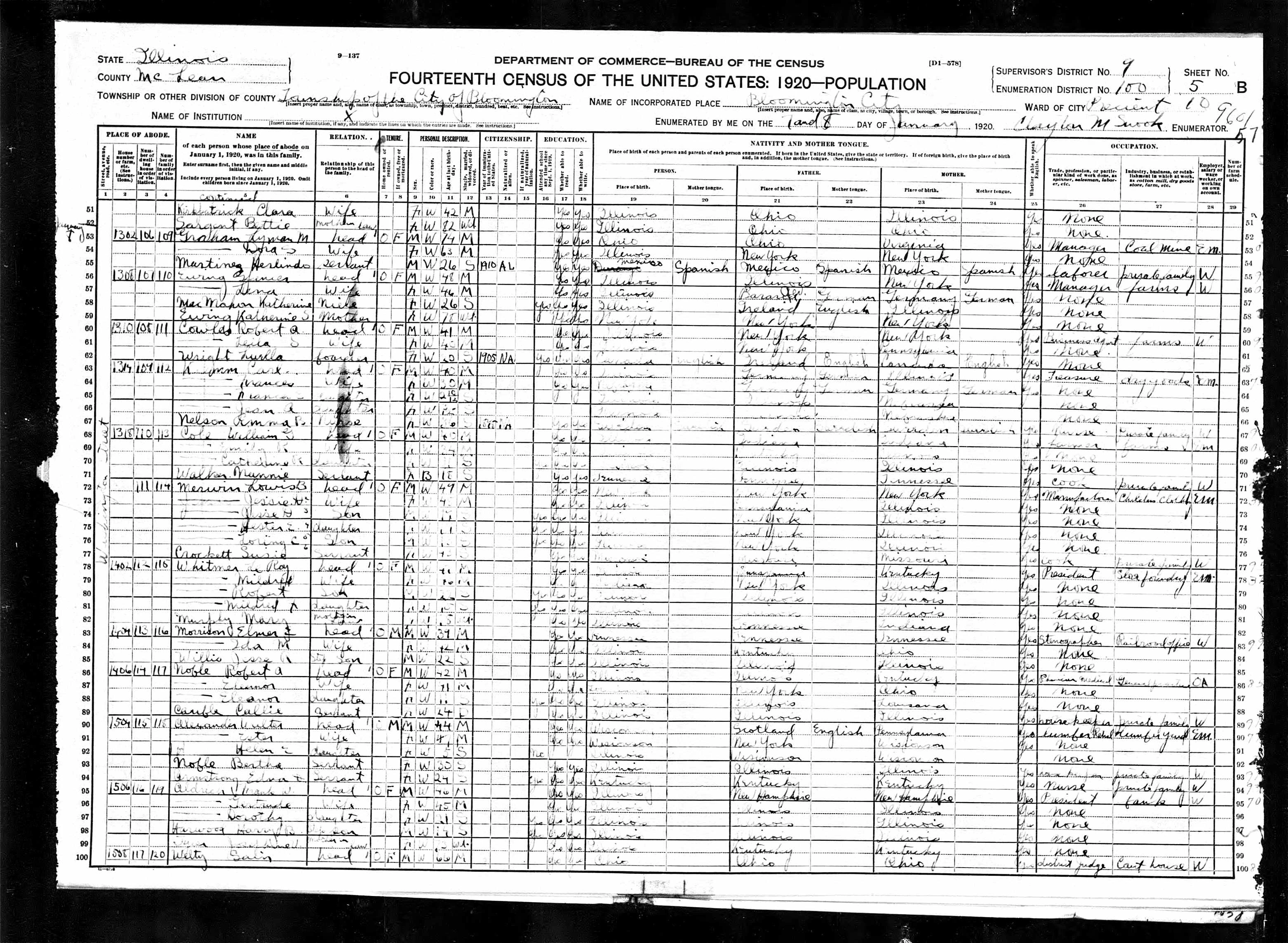 Page 5B of 1920 Census from Bloomington IL